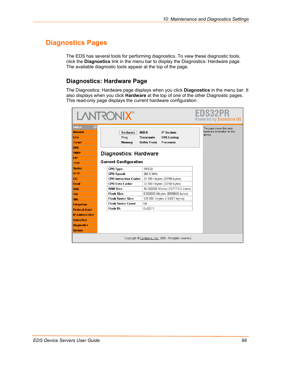 Diagnostics pages, Diagnostics: hardware page | Lantronix Data Center-Grade Evolution Device Server EDS32PR User Manual | Page 98 / 158