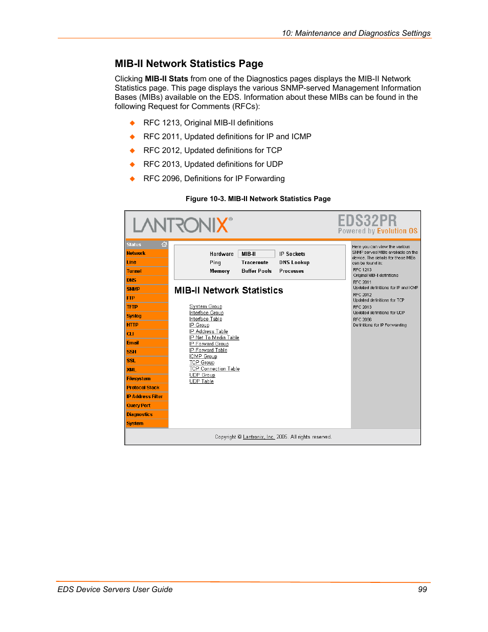 Mib-ii network statistics page | Lantronix Data Center-Grade Evolution Device Server EDS32PR User Manual | Page 99 / 158