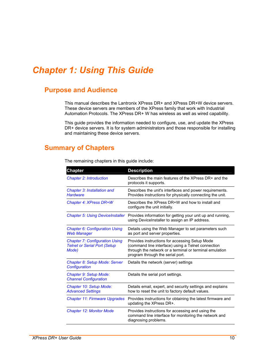 Using this guide, Purpose and audience, Summary of chapters | Chapter 1: using this guide | Lantronix XPress DR+ User Manual | Page 10 / 116