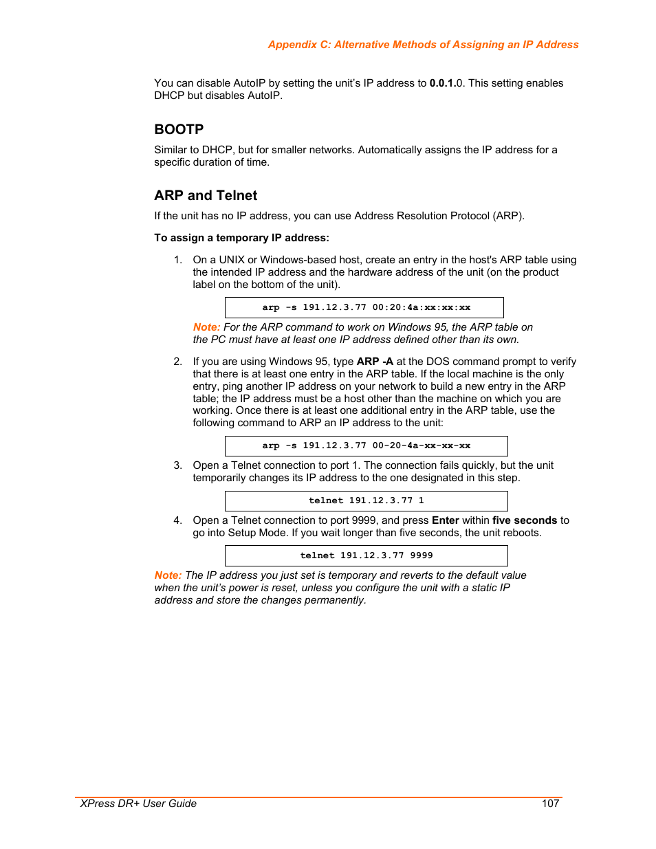 Bootp, Arp and telnet | Lantronix XPress DR+ User Manual | Page 107 / 116