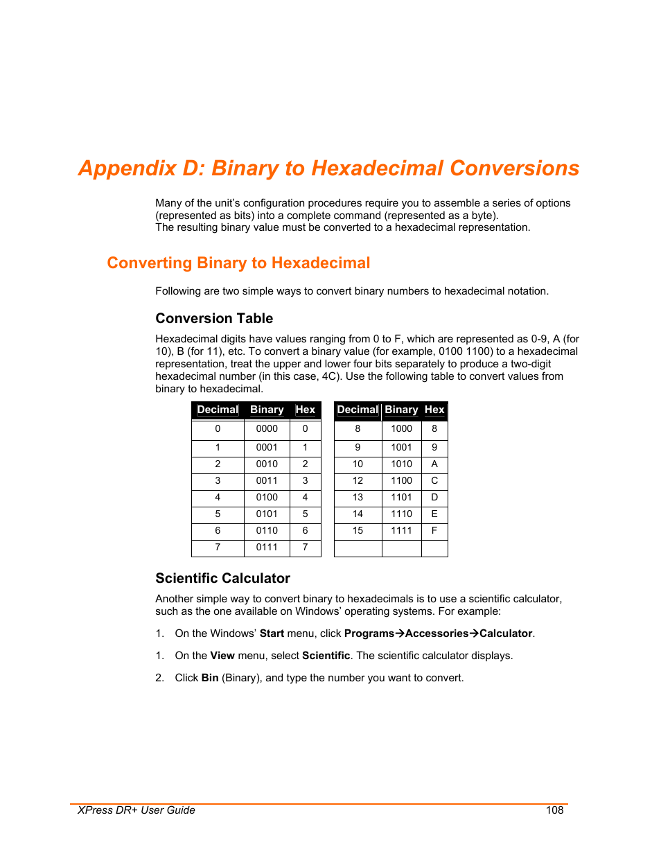 Binary to hexadecimal conversions, Converting binary to hexadecimal, Appendix d: binary to hexadecimal conversions | Conversion table, Scientific calculator | Lantronix XPress DR+ User Manual | Page 108 / 116