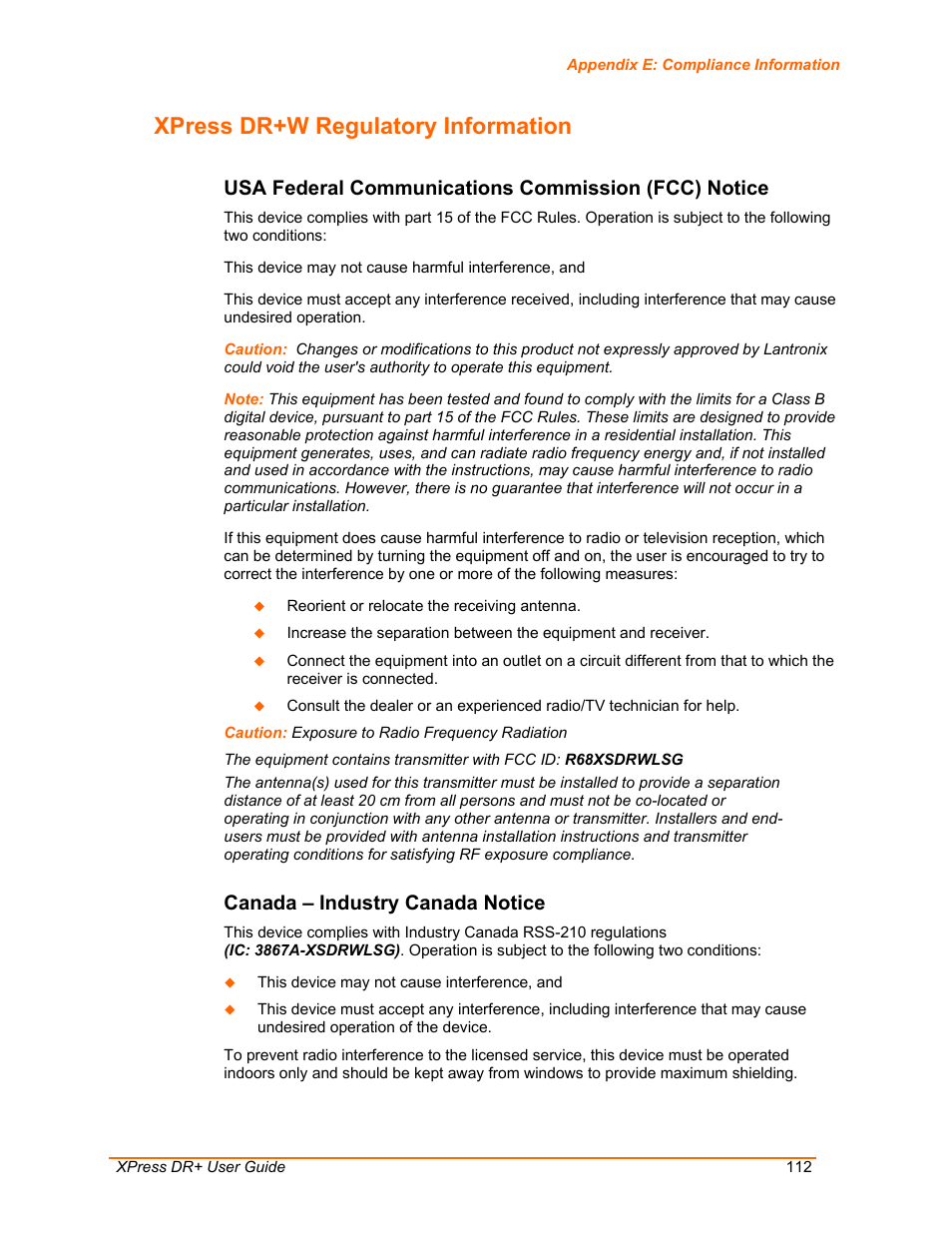 Xpress dr+w regulatory information, Usa federal communications commission (fcc) notice, Canada – industry canada notice | Lantronix XPress DR+ User Manual | Page 112 / 116