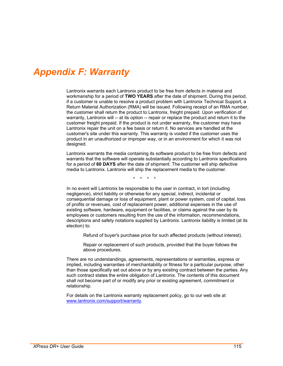 Warranty, Appendix f: warranty | Lantronix XPress DR+ User Manual | Page 115 / 116