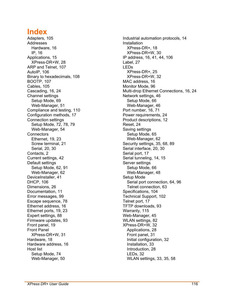 Index 116, Index | Lantronix XPress DR+ User Manual | Page 116 / 116