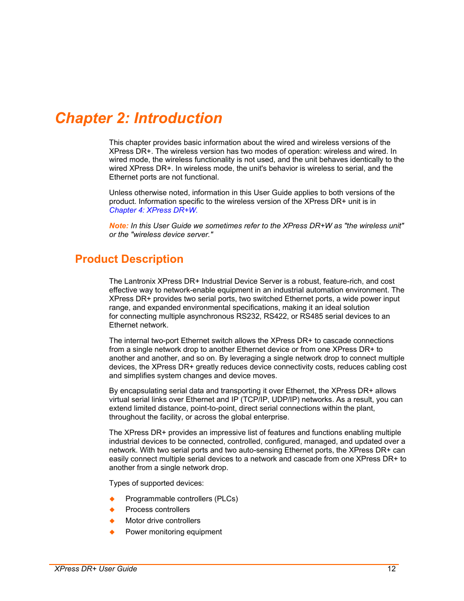Introduction, Product description, Chapter 2: introduction | Lantronix XPress DR+ User Manual | Page 12 / 116