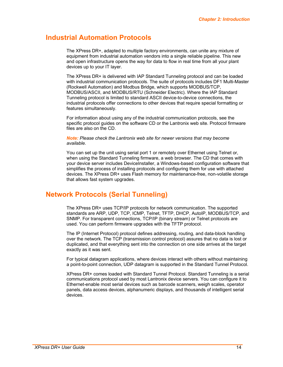 Industrial automation protocols, Network protocols (serial tunneling) | Lantronix XPress DR+ User Manual | Page 14 / 116