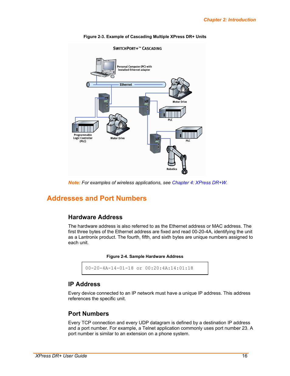 Addresses and port numbers, Hardware address, Ip address | Port numbers, Figure 2-4. sample hardware address | Lantronix XPress DR+ User Manual | Page 16 / 116