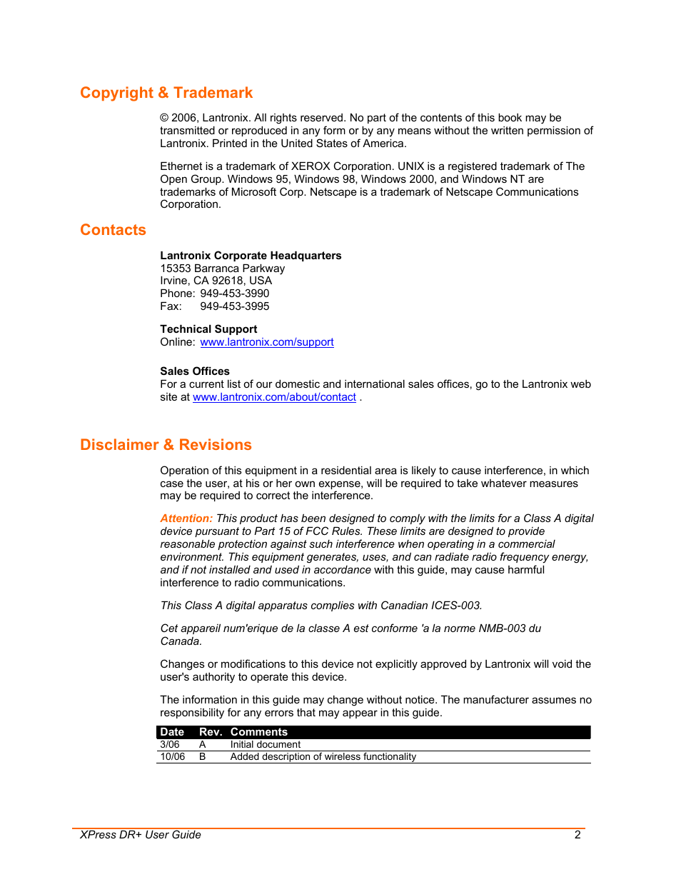 Copyright & trademark, Contacts, Disclaimer & revisions | Lantronix XPress DR+ User Manual | Page 2 / 116