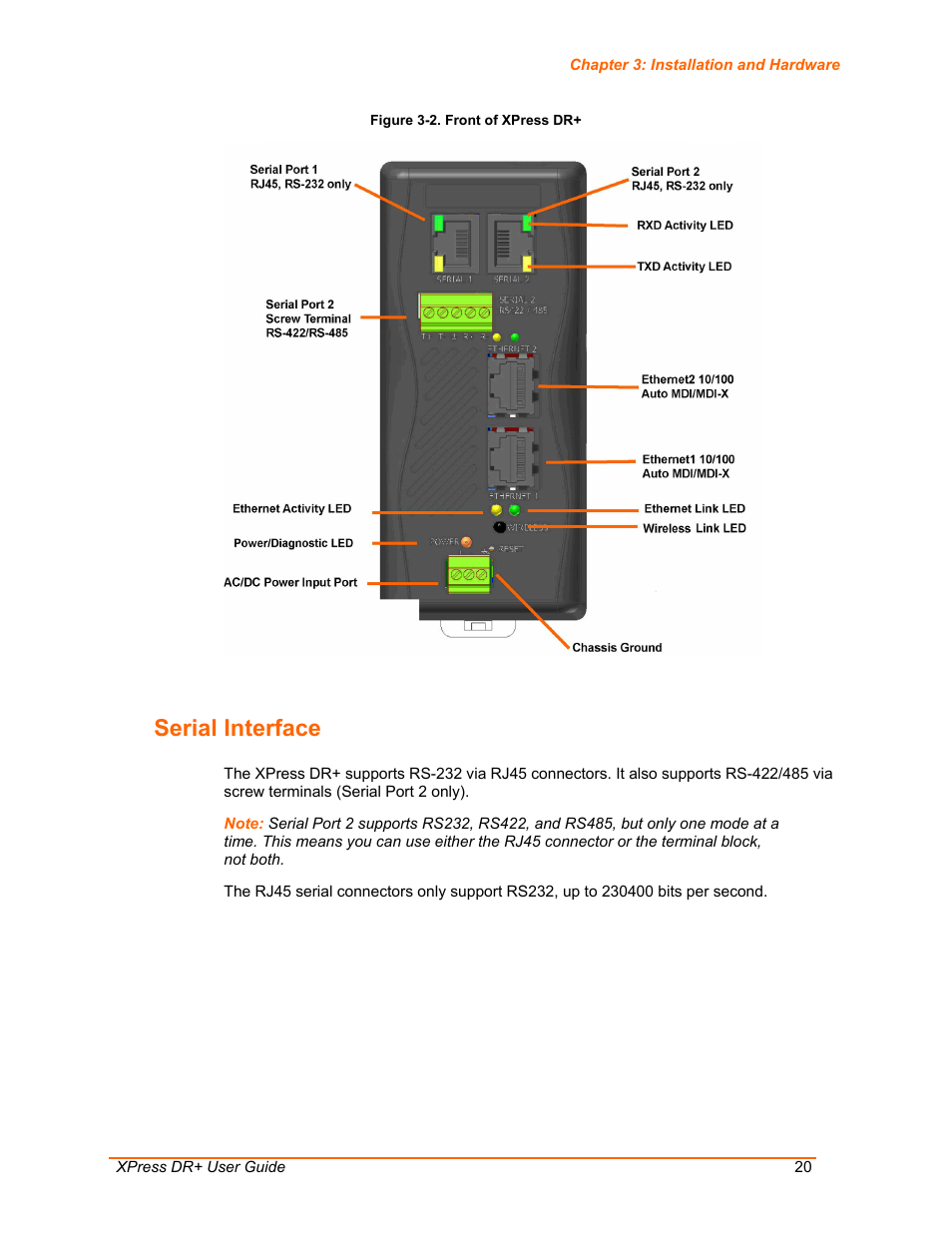 Serial interface, Figure 3-2. front of xpress dr | Lantronix XPress DR+ User Manual | Page 20 / 116