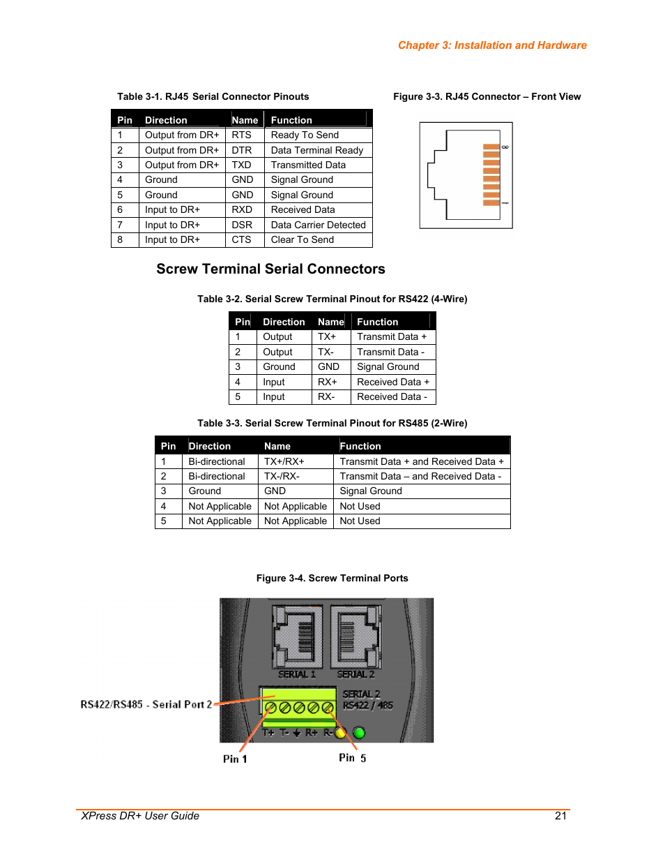 Screw terminal serial connectors, Figure 3-4. screw terminal ports, Table 3-1. rj45 serial connector pinouts | Lantronix XPress DR+ User Manual | Page 21 / 116