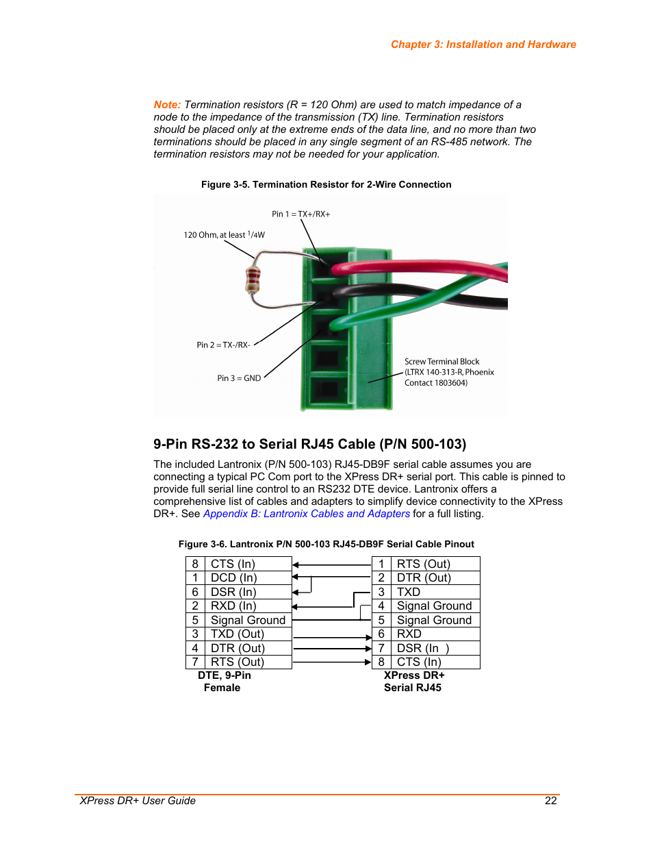 Pin rs-232 to serial rj45 cable (p/n 500-103), For th | Lantronix XPress DR+ User Manual | Page 22 / 116