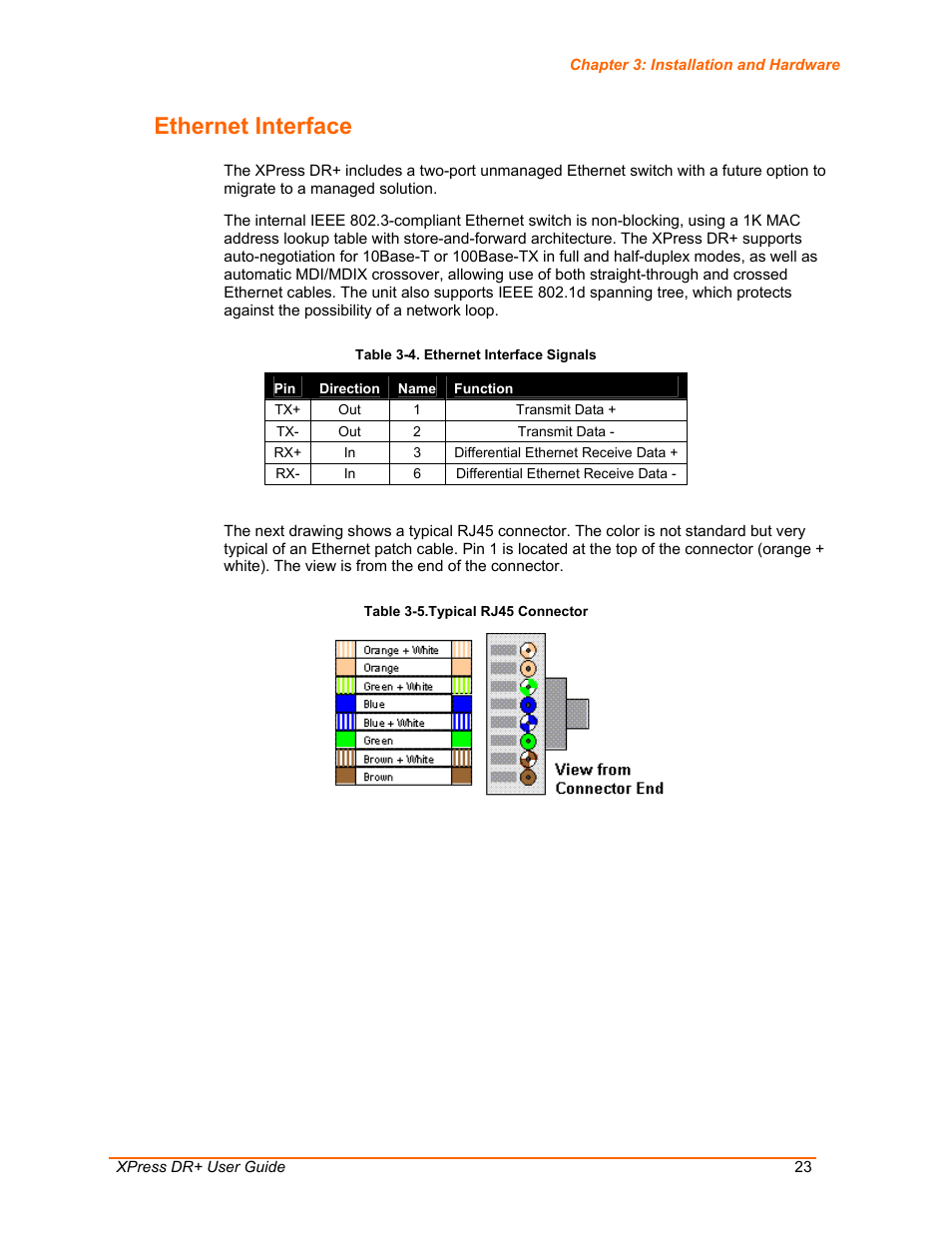 Ethernet interface, Table 3-4. ethernet interface signals, Table 3-5.typical rj45 connector | T port. (see | Lantronix XPress DR+ User Manual | Page 23 / 116