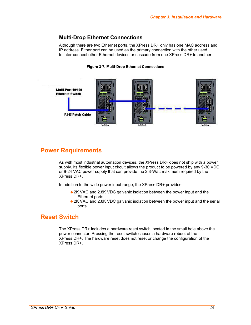 Power requirements, Reset switch, Multi-drop ethernet connections | Figure 3-7. multi-drop ethernet connections, Ce. (see | Lantronix XPress DR+ User Manual | Page 24 / 116