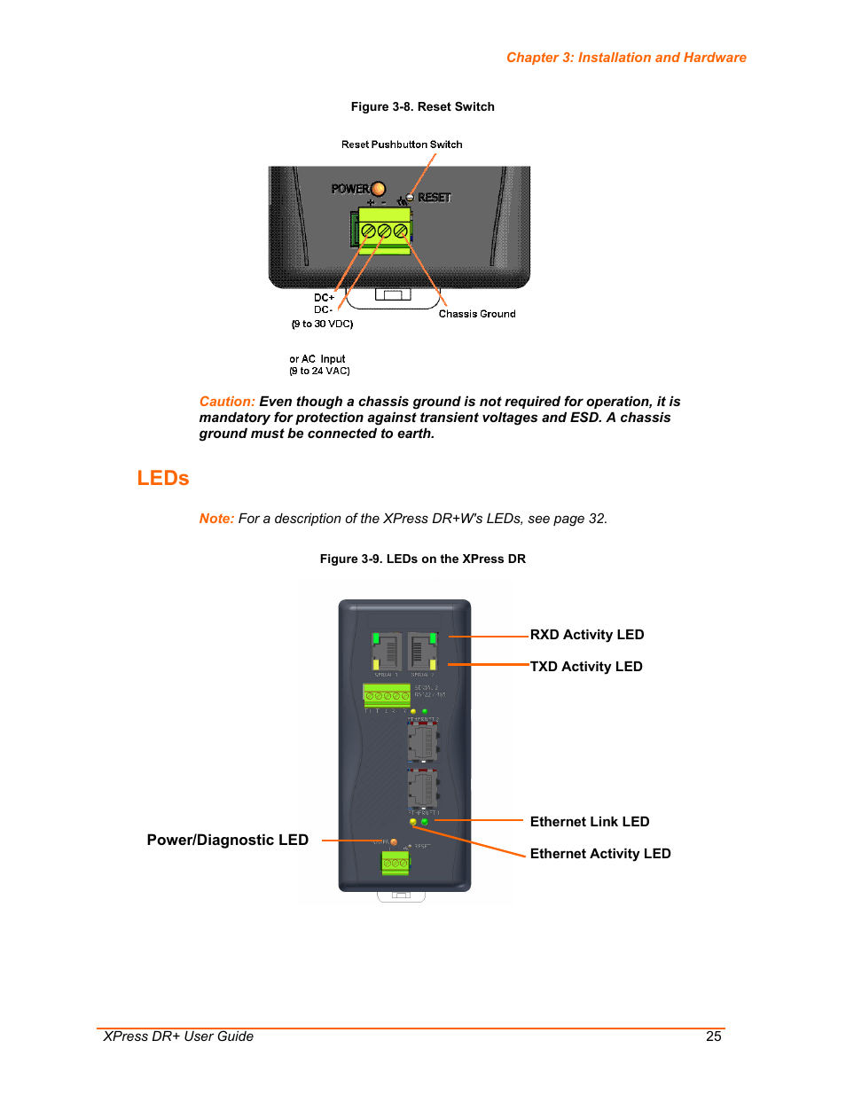 Leds, Figure 3-8. reset switch, Figure 3-9. leds on the xpress dr | Lantronix XPress DR+ User Manual | Page 25 / 116