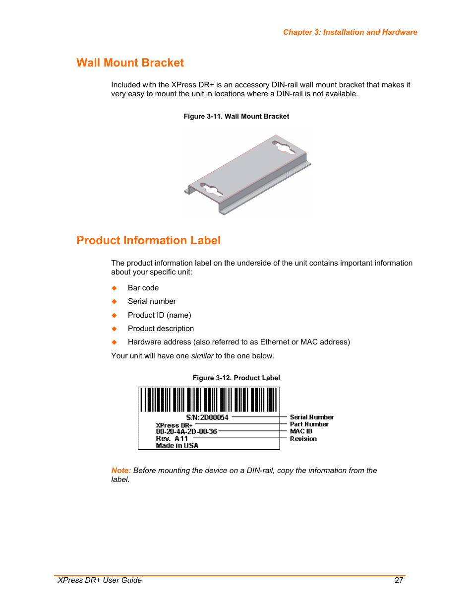 Wall mount bracket, Product information label, Figure 3-11. wall mount bracket | Figure 3-12. product label | Lantronix XPress DR+ User Manual | Page 27 / 116