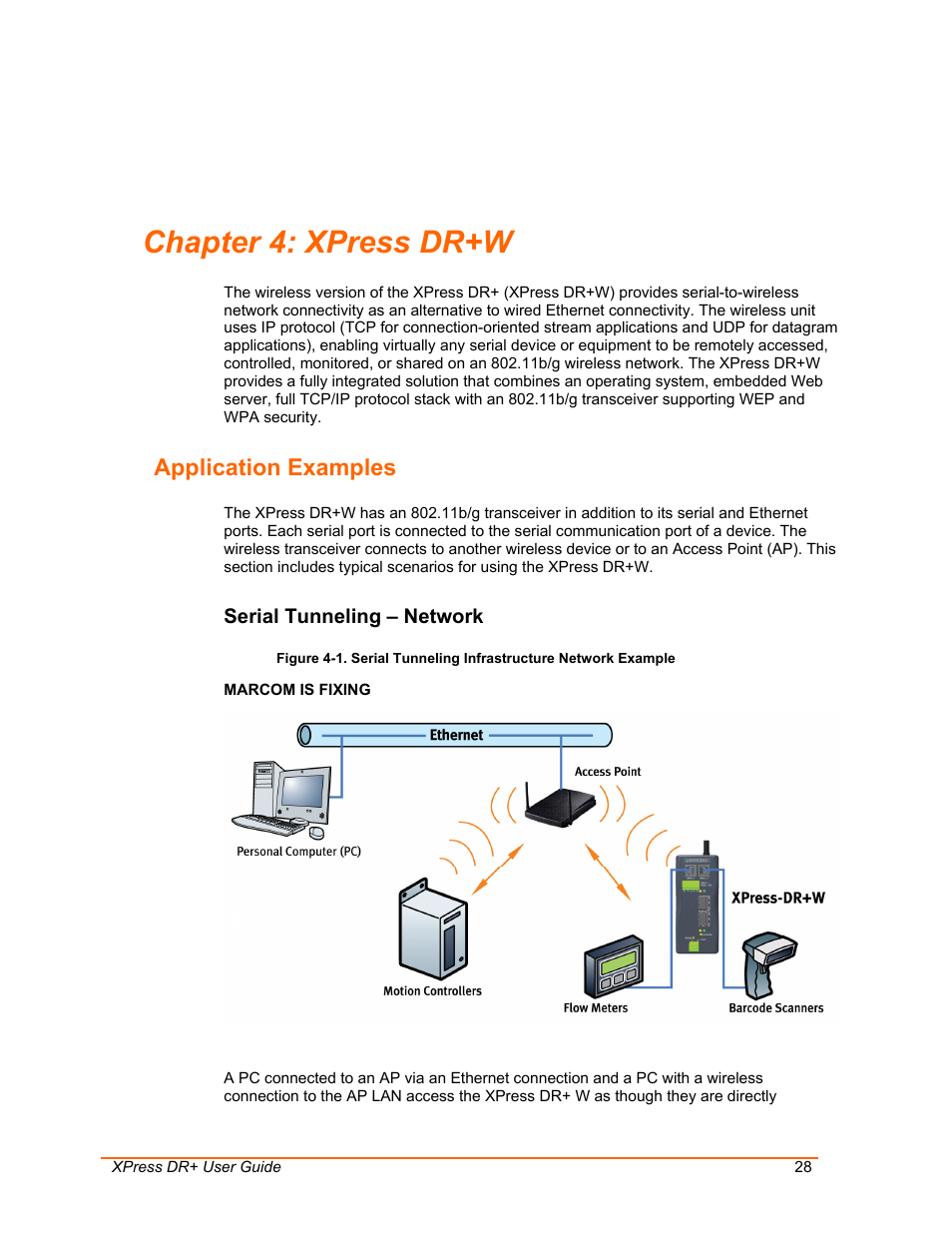 Xpress dr+w, Application examples, Chapter 4: xpress dr+w | Serial tunneling – network, Nel, see, Chapter 4: xpress, Dr+w | Lantronix XPress DR+ User Manual | Page 28 / 116