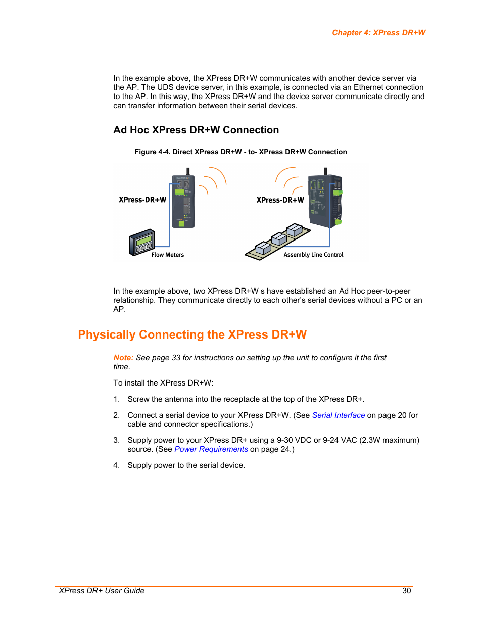 Physically connecting the xpress dr+w, Ad hoc xpress dr+w connection | Lantronix XPress DR+ User Manual | Page 30 / 116