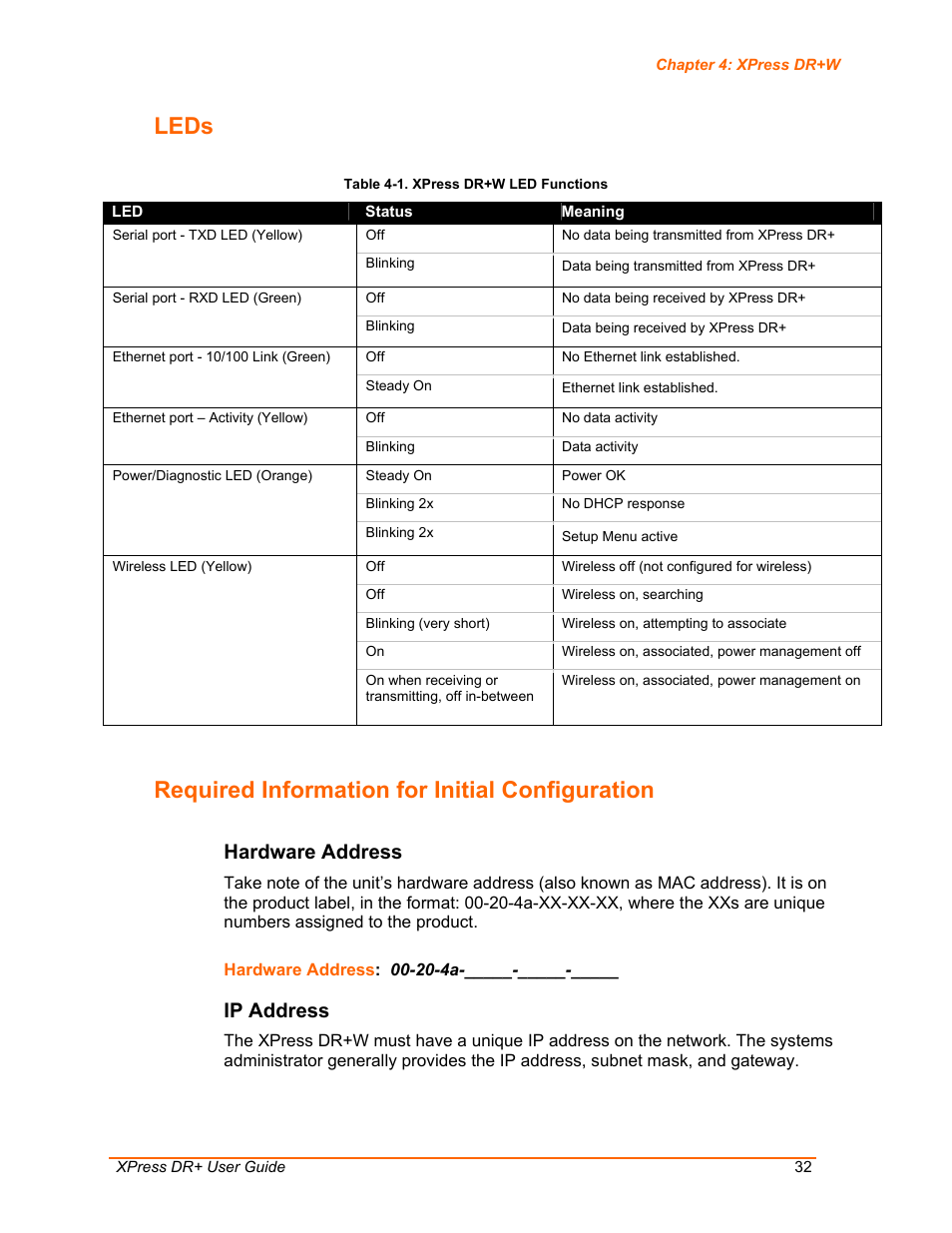 Leds, Required information for initial configuration, Hardware address | Ip address, Table 4-1. xpress dr+w led functions | Lantronix XPress DR+ User Manual | Page 32 / 116