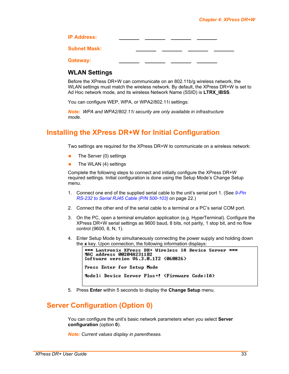 Server configuration (option 0), Wlan settings, Ge 33 for in | Lantronix XPress DR+ User Manual | Page 33 / 116