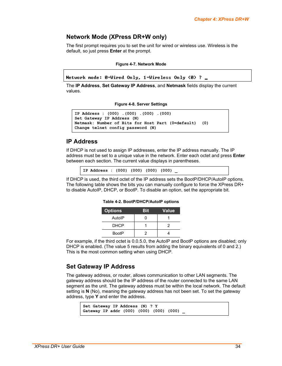 Network mode (xpress dr+w only), Ip address, Set gateway ip address | Figure 4-7. network mode, Figure 4-8. server settings, Table 4-2. bootp/dhcp/autoip options | Lantronix XPress DR+ User Manual | Page 34 / 116