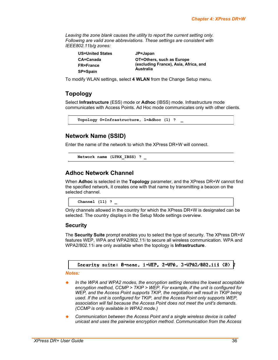 Topology, Network name (ssid), Adhoc network channel | Lantronix XPress DR+ User Manual | Page 36 / 116