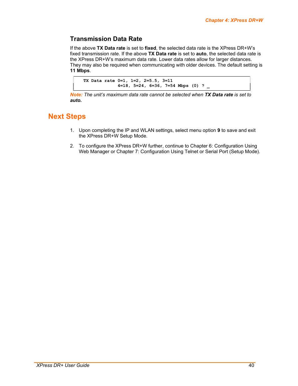 Next steps, Transmission data rate | Lantronix XPress DR+ User Manual | Page 40 / 116