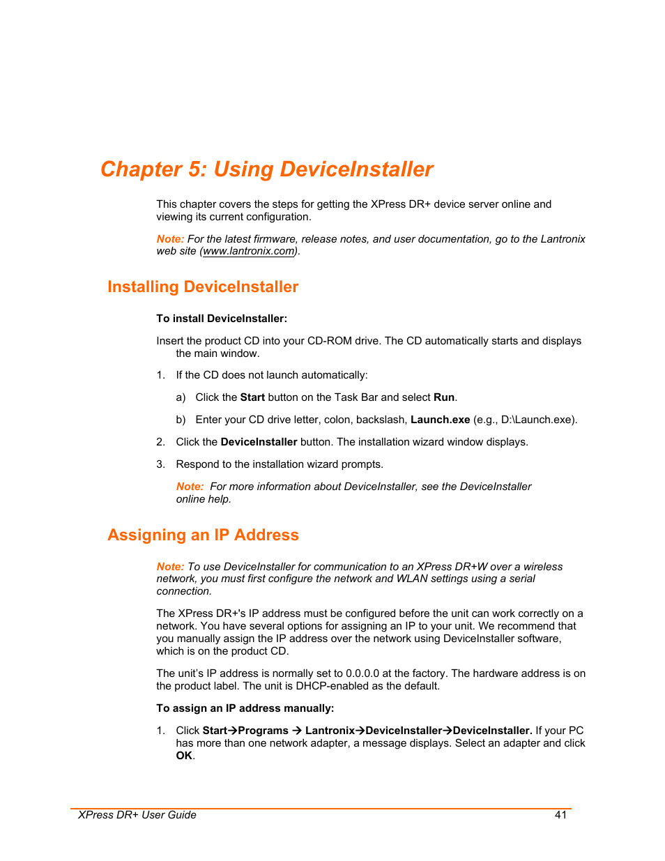 Using deviceinstaller, Installing deviceinstaller, Assigning an ip address | Chapter 5: using deviceinstaller | Lantronix XPress DR+ User Manual | Page 41 / 116