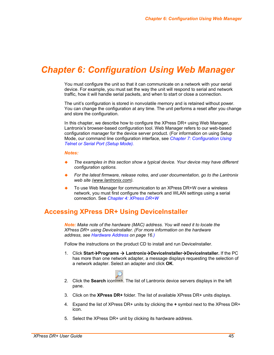 Configuration using web manager, Accessing xpress dr+ using deviceinstaller, Chapter 6: configuration using web manager | Lantronix XPress DR+ User Manual | Page 45 / 116