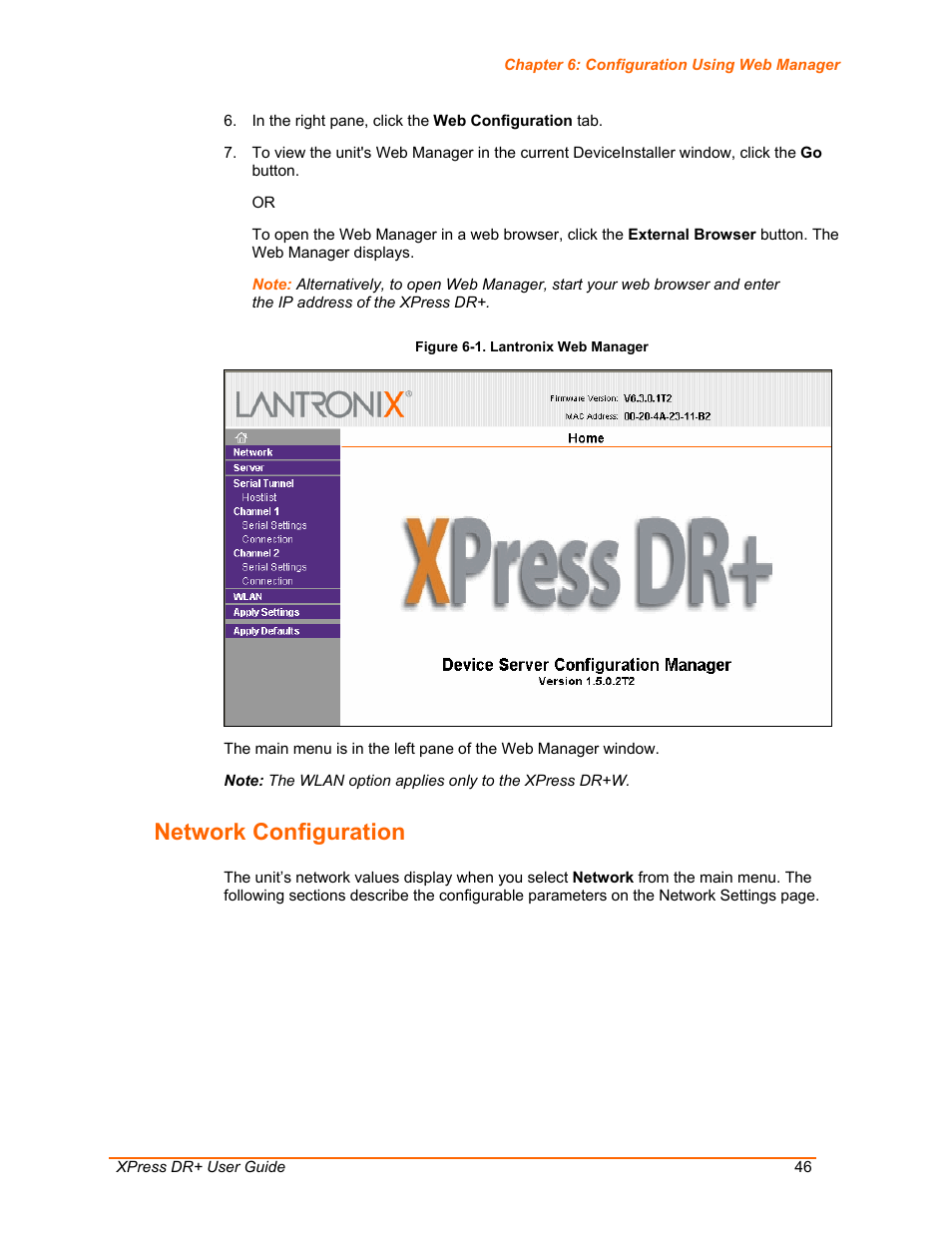 Network configuration, Figure 6-1. lantronix web manager | Lantronix XPress DR+ User Manual | Page 46 / 116