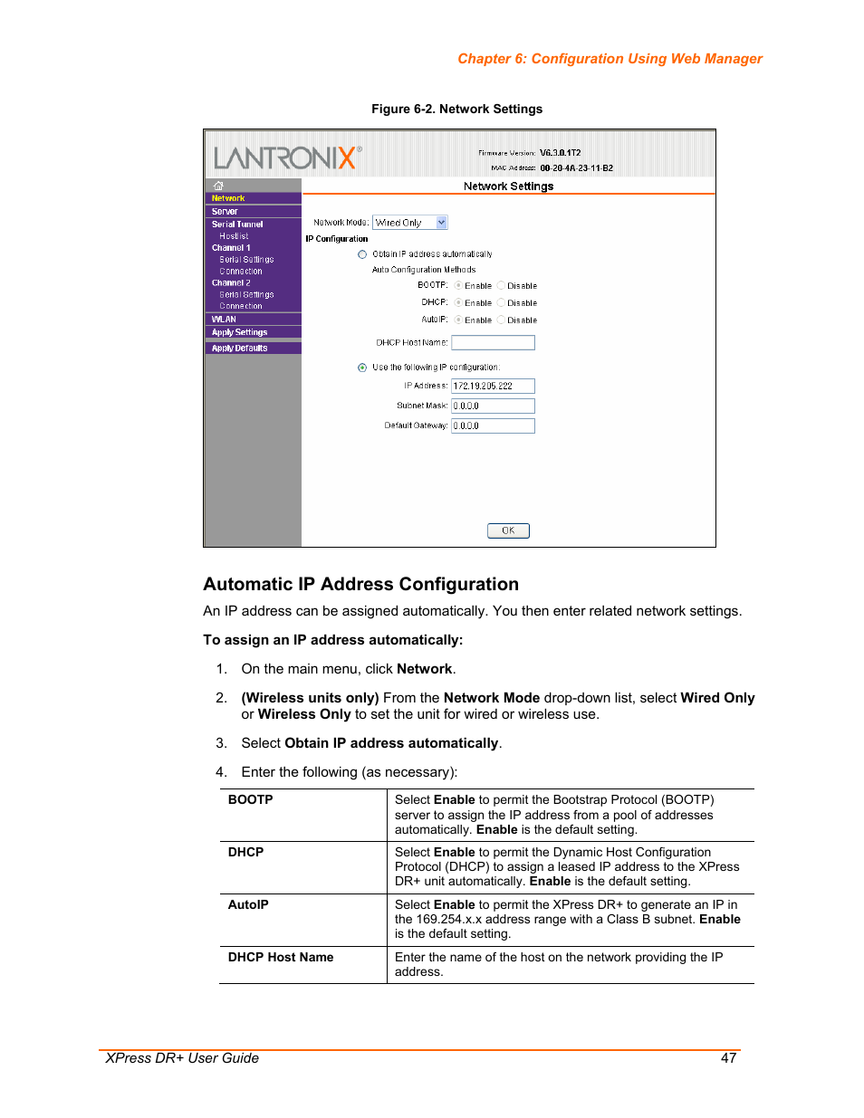 Automatic ip address configuration, Figure 6-2. network settings | Lantronix XPress DR+ User Manual | Page 47 / 116