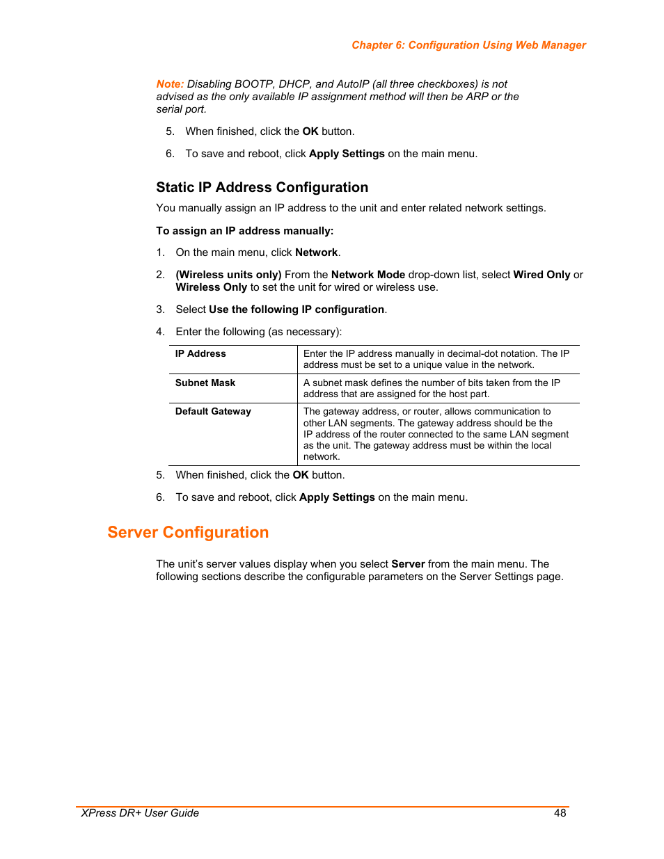 Server configuration, Static ip address configuration | Lantronix XPress DR+ User Manual | Page 48 / 116