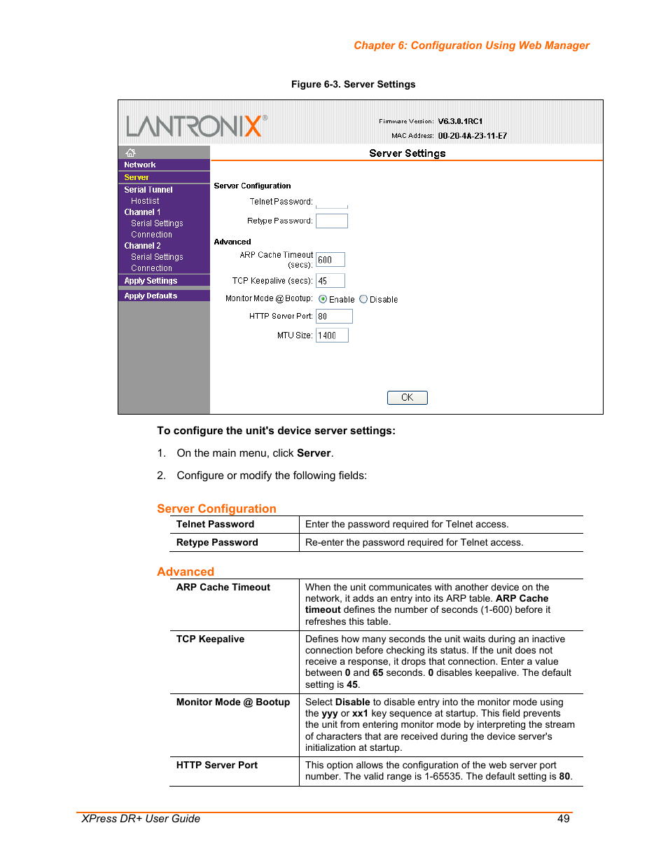 Figure 6-3. server settings | Lantronix XPress DR+ User Manual | Page 49 / 116