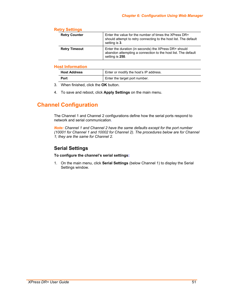 Channel configuration, Serial settings | Lantronix XPress DR+ User Manual | Page 51 / 116