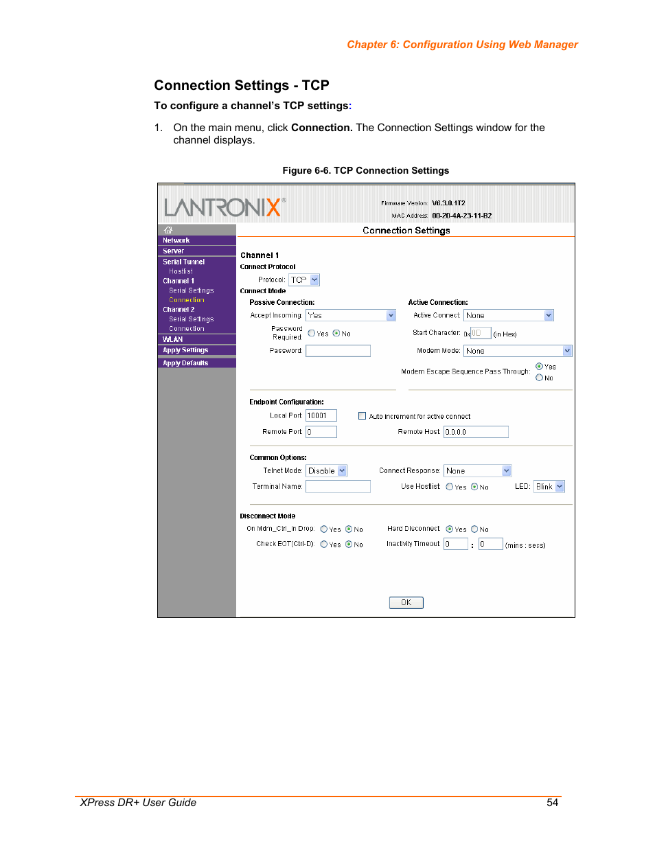 Connection settings - tcp, Figure 6-6. tcp connection settings | Lantronix XPress DR+ User Manual | Page 54 / 116