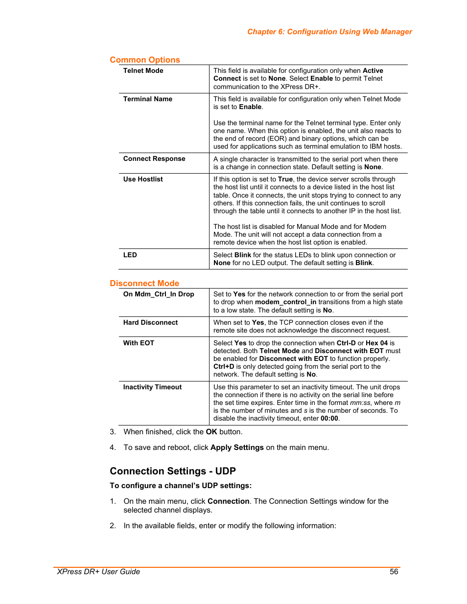 Connection settings - udp | Lantronix XPress DR+ User Manual | Page 56 / 116