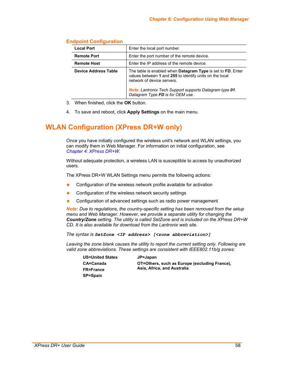 Wlan configuration (xpress dr+w only) | Lantronix XPress DR+ User Manual | Page 58 / 116