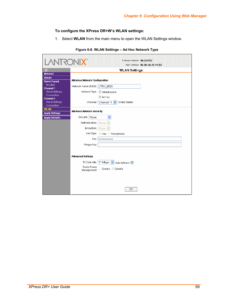 Figure 6-8. wlan settings – ad hoc network type | Lantronix XPress DR+ User Manual | Page 59 / 116