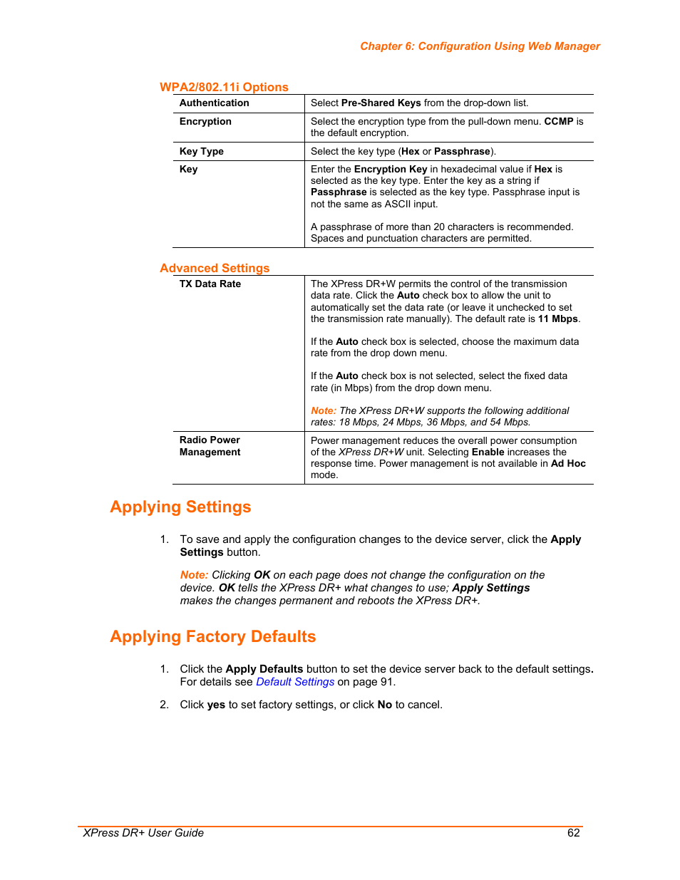 Applying settings, Applying factory defaults | Lantronix XPress DR+ User Manual | Page 62 / 116
