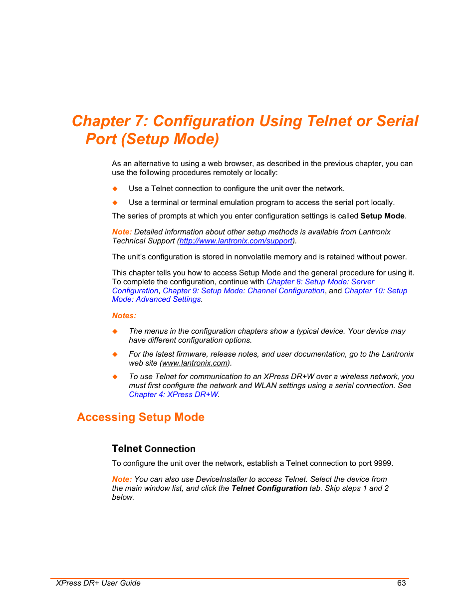 Accessing setup mode, Telnet connection, Chapter 7: configuration using | Telnet or serial port (setup mode), Telnet | Lantronix XPress DR+ User Manual | Page 63 / 116