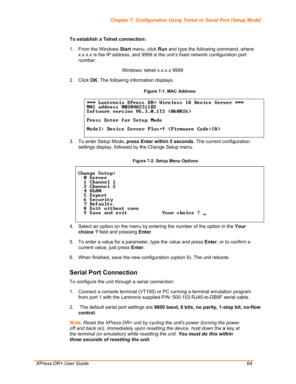 Serial port connection, Figure 7-1. mac address, Figure 7-2. setup menu options | Lantronix XPress DR+ User Manual | Page 64 / 116