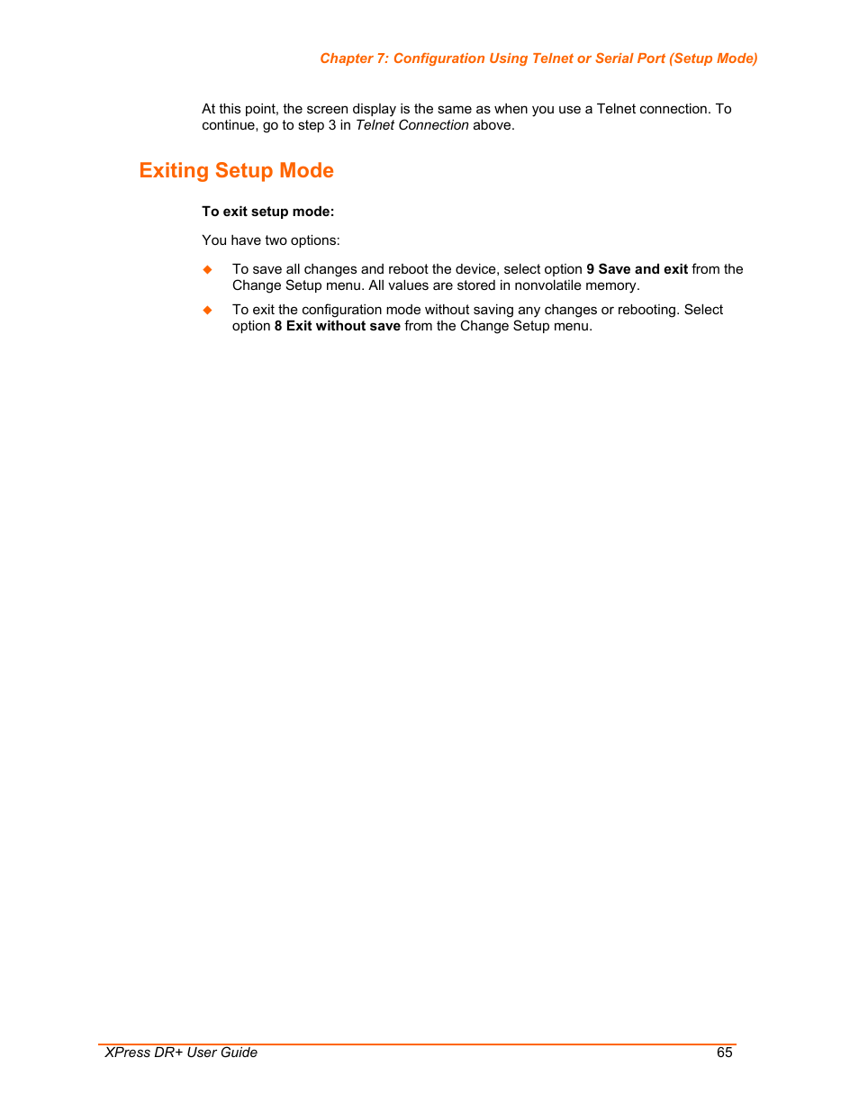 Exiting setup mode | Lantronix XPress DR+ User Manual | Page 65 / 116