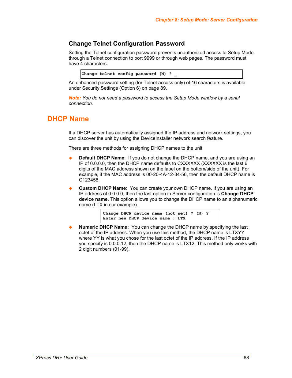 Dhcp name, Change telnet configuration password | Lantronix XPress DR+ User Manual | Page 68 / 116