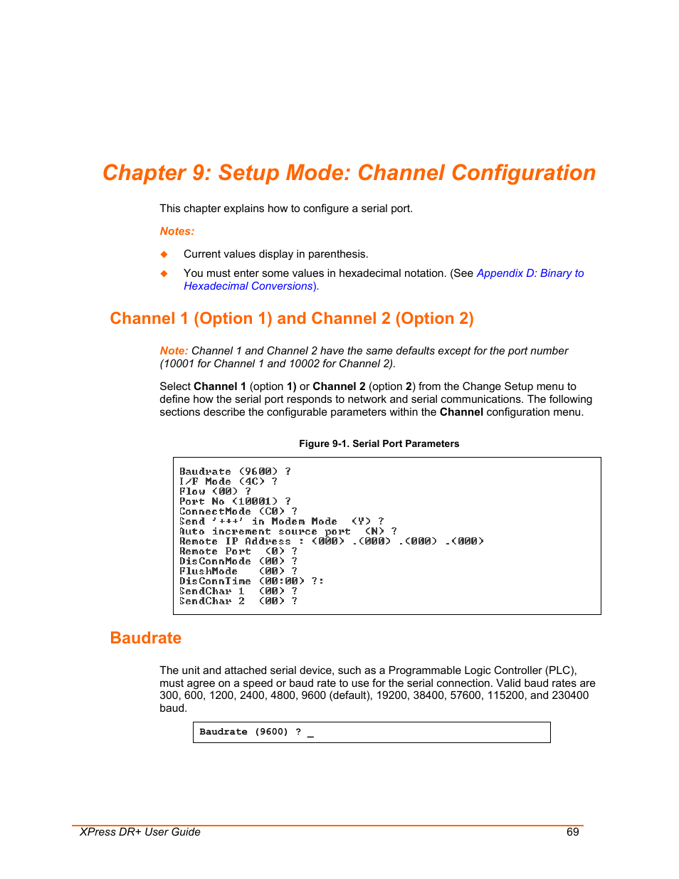 Setup mode: channel configuration, Channel 1 (option 1) and channel 2 (option 2), Baudrate | Chapter 9: setup mode: channel configuration, Figure 9-1. serial port parameters | Lantronix XPress DR+ User Manual | Page 69 / 116