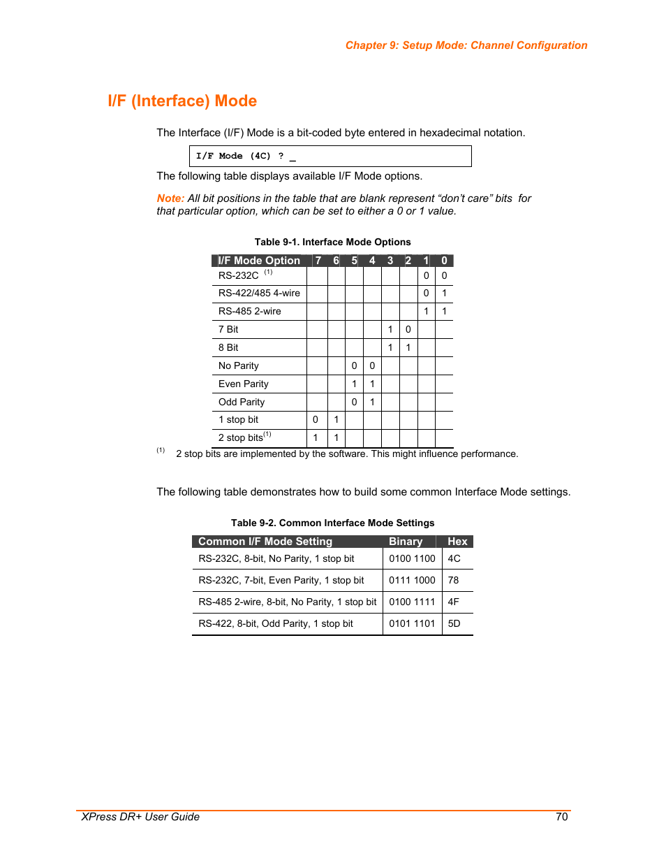 I/f (interface) mode, Table 9-1. interface mode options, Table 9-2. common interface mode settings | Lantronix XPress DR+ User Manual | Page 70 / 116