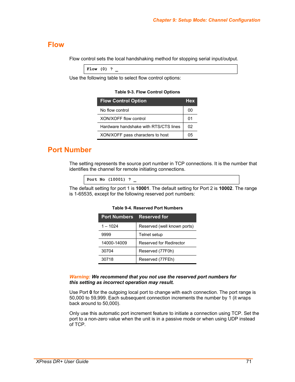 Flow, Port number, Table 9-3. flow control options | Table 9-4. reserved port numbers | Lantronix XPress DR+ User Manual | Page 71 / 116