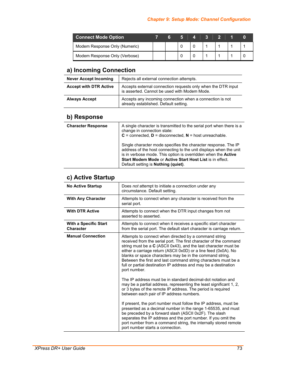 A) incoming connection, B) response, C) active startup | Lantronix XPress DR+ User Manual | Page 73 / 116