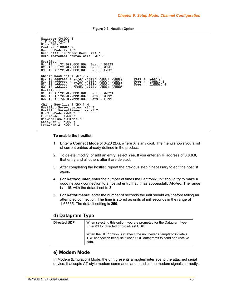 D) datagram type, E) modem mode, Figure 9-3. hostlist option | Lantronix XPress DR+ User Manual | Page 75 / 116