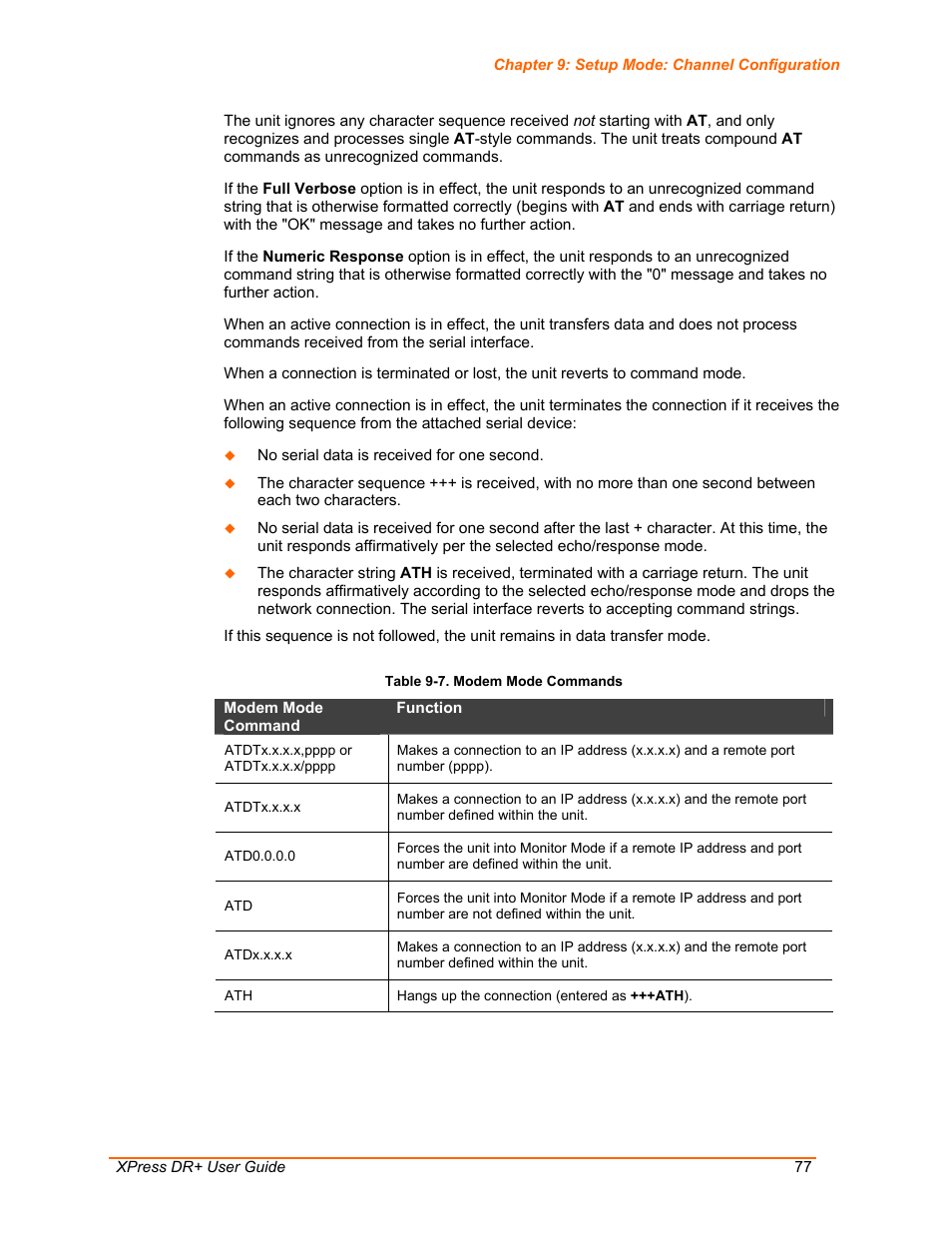 Table 9-7. modem mode commands | Lantronix XPress DR+ User Manual | Page 77 / 116
