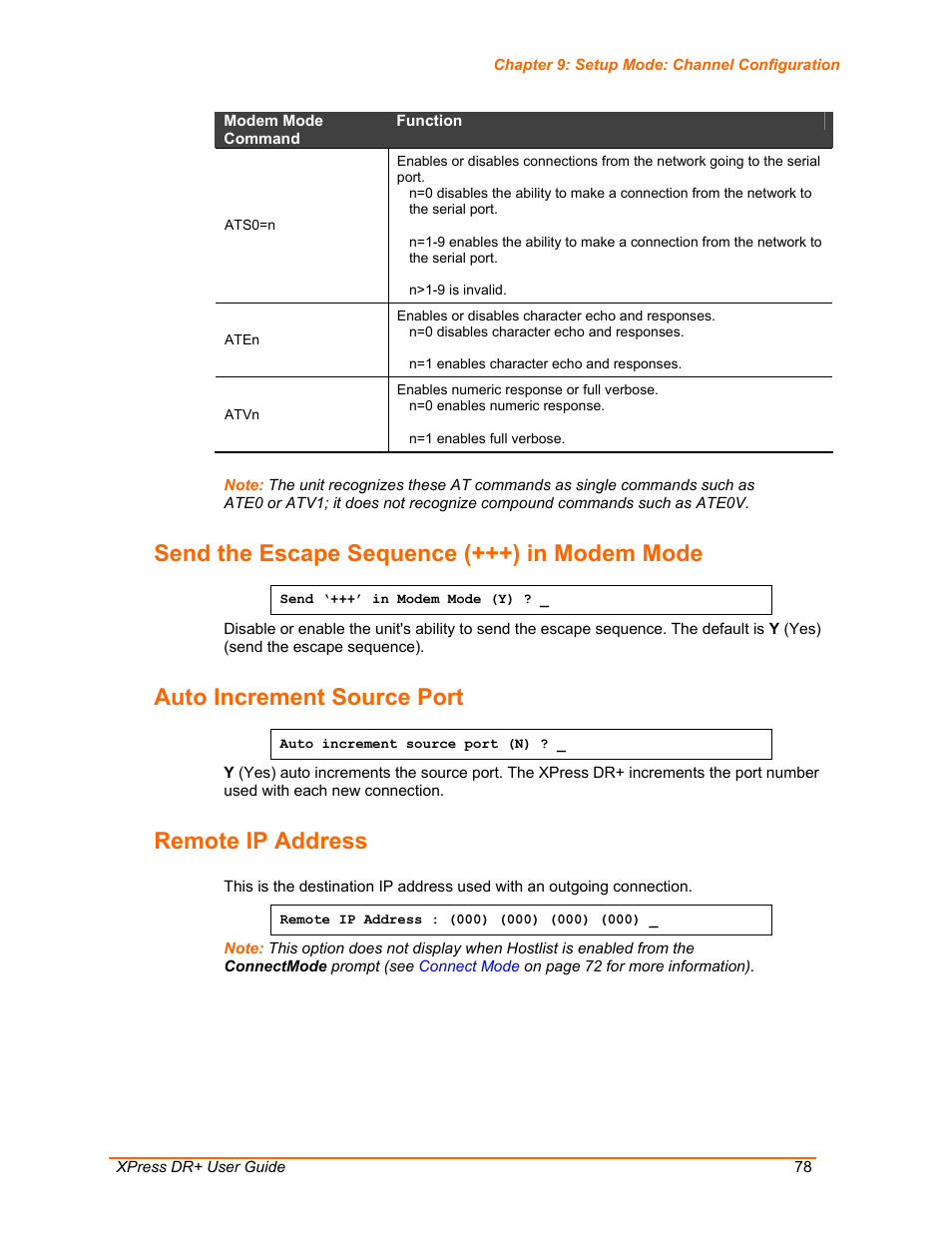 Send the escape sequence (+++) in modem mode, Auto increment source port, Remote ip address | Lantronix XPress DR+ User Manual | Page 78 / 116