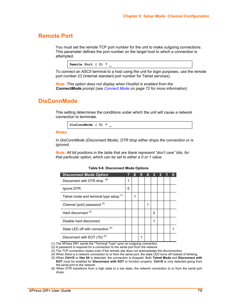 Remote port, Disconnmode, Table 9-8. disconnect mode options | Lantronix XPress DR+ User Manual | Page 79 / 116